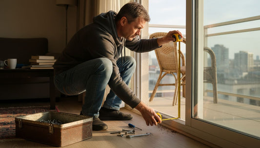 Man measuring glass balcony window precisely