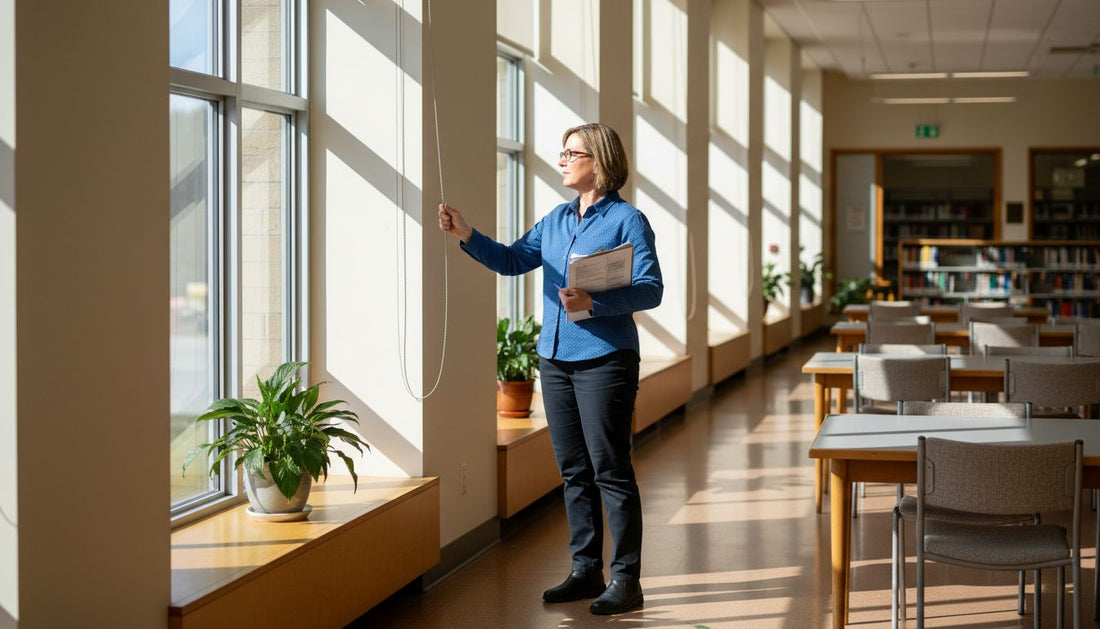 Woman adjusting blinds in public library