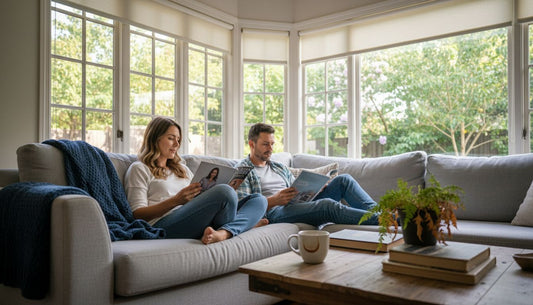 Couple relaxing with sun protection in living room