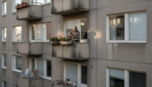 Apartment building with uniform balcony blinds