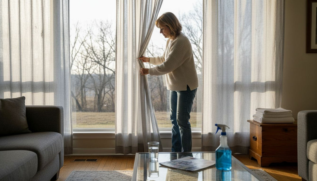 Woman preparing screen curtains for cleaning