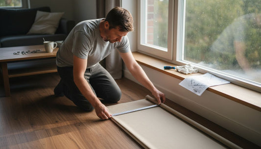 Man measuring roller blind in living room