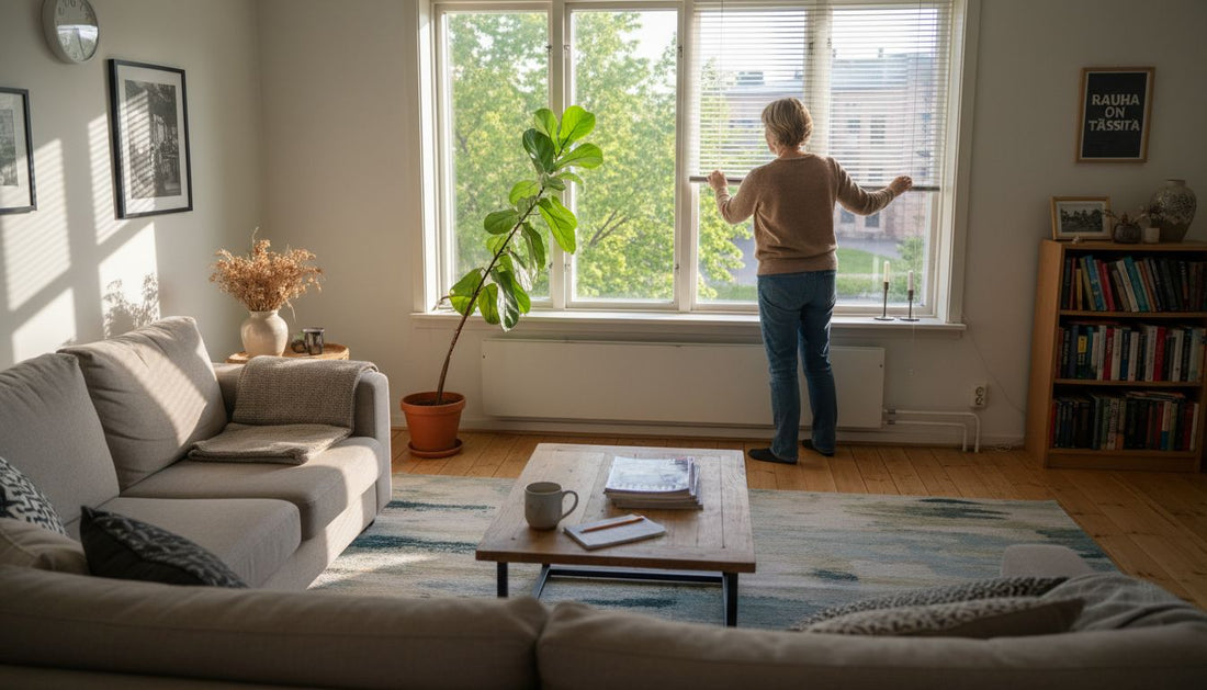 Nainen säätää kaihtimia auringonvalossa kylpevessä olohuoneessa.