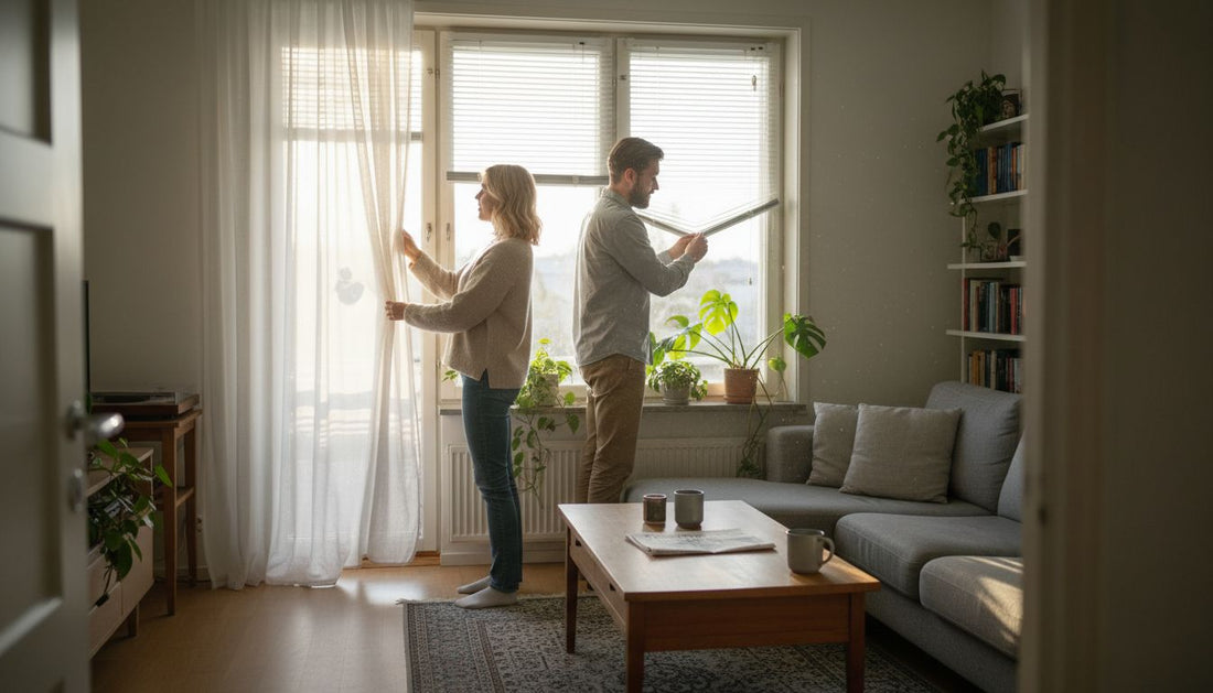 Pariskunta pohtii, valitsisiko kotiinsa verhot vai sälekaihtimet.
