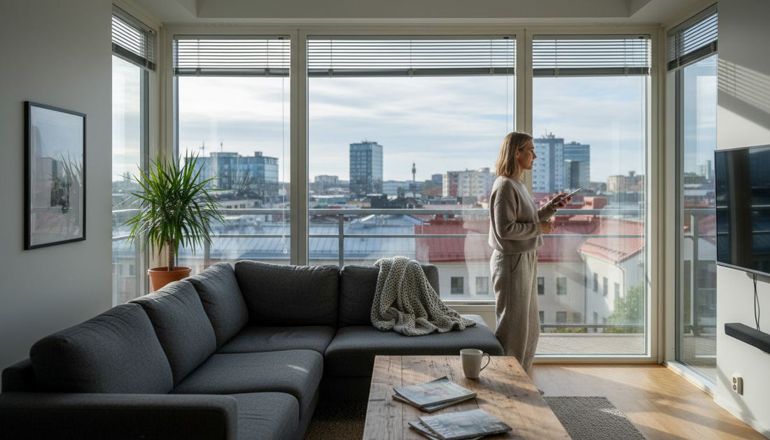 Nainen säätää sälekaihtimia valoisassa kaupunkiasunnossaan.