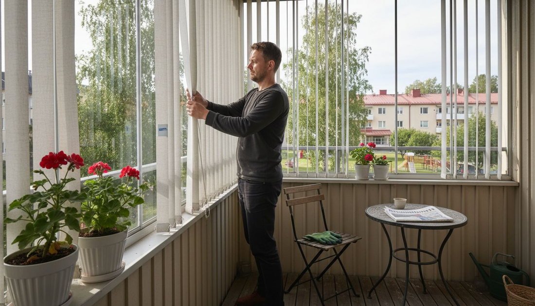 Mies säätää parvekkeen sälekaihtimia auringonpaisteessa.