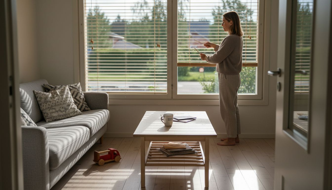 Äiti säätää kaihtimia valoisassa olohuoneessa.