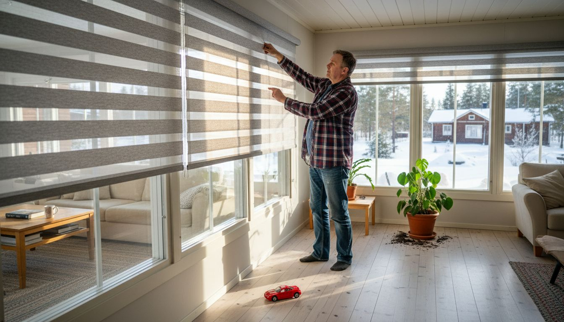 Mies säätää olohuoneen kaihdinta.