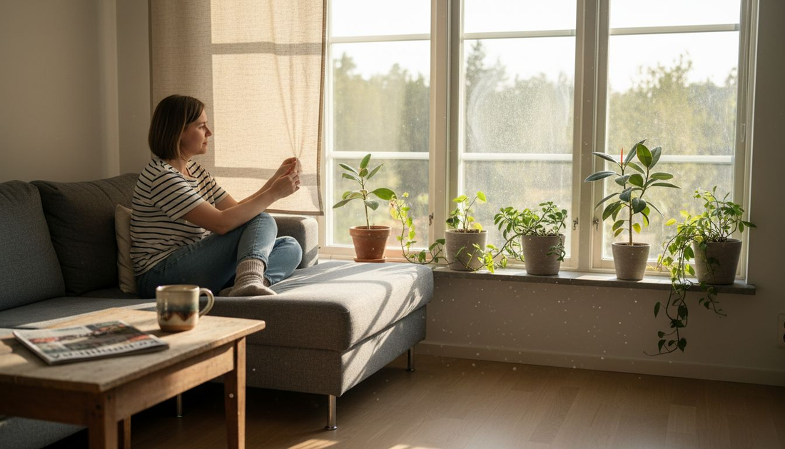 Nainen säätää kaihtimia valoisassa olohuoneessa.