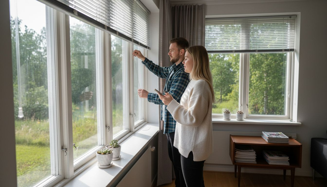 Pariskunta säätää sälekaihtimia saadakseen auringonvalon juuri sopivaksi.