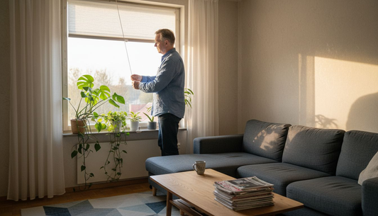 Omistaja säätää olohuoneen ikkunan aurinkosuojaa