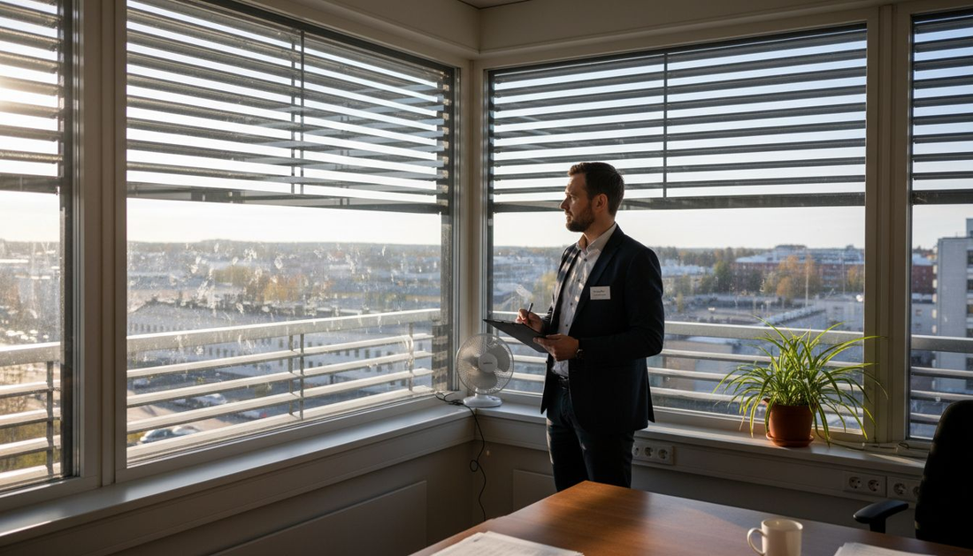 Toimiston esimies istuu korkean kerrostalon ikkunoiden äärellä, joihin aurinko paistaa hillitysti sälekaihtimien läpi.