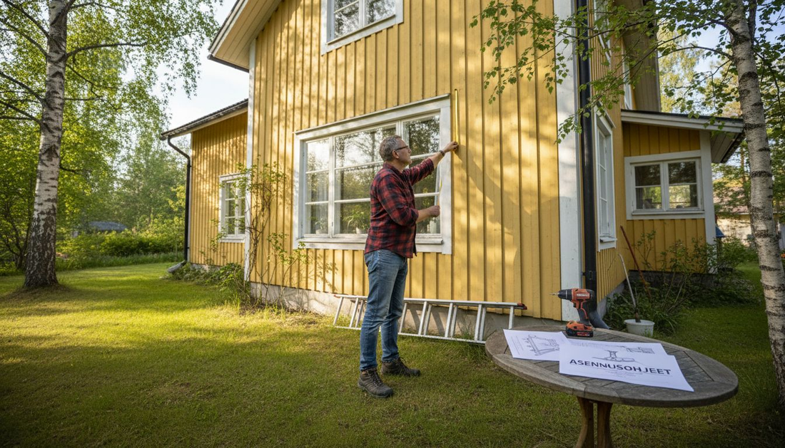 Omakotitalon omistaja suunnittelee aurinkosuojan hankintaa kotiinsa.