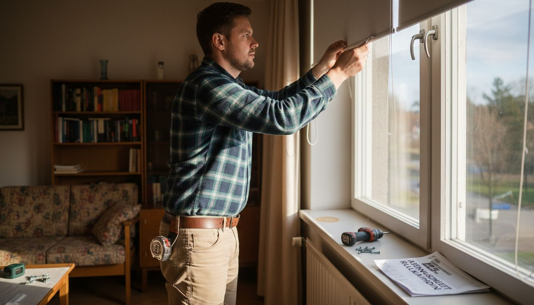 Asentaja asentamassa aurinkosuojaa kerrostaloasunnon ikkunaan.