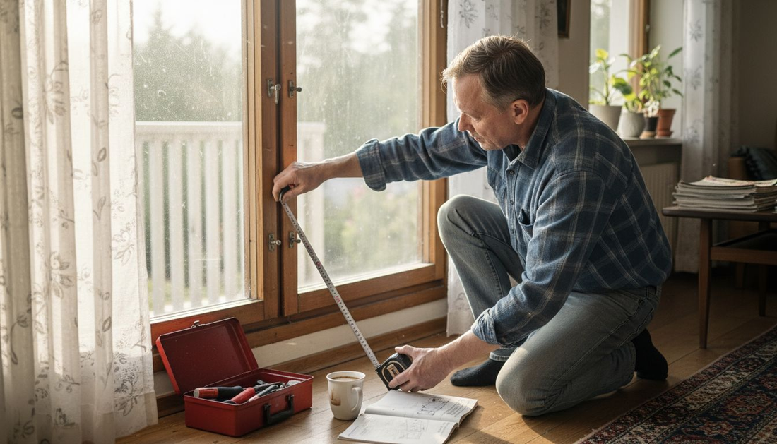 Mies ottaa ikkunasta mittoja kaihtimien asennusta varten.