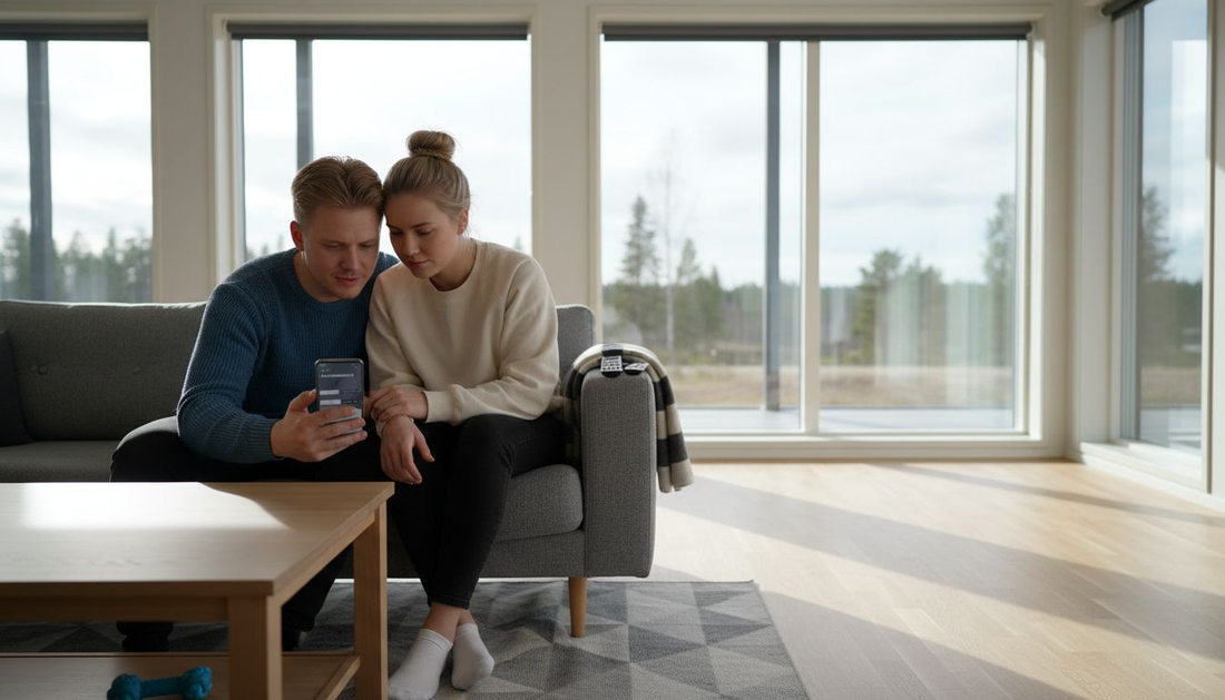 Pariskunta säätää kaihtimia valoisassa olohuoneessa auringon paistaessa sisään.