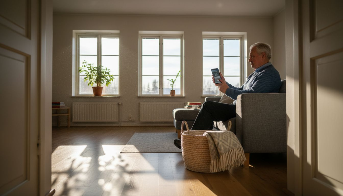 Mies säätää älyverhoja sohvalla istuen.