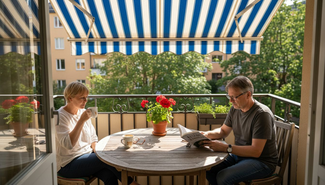 Pariskunta viihtyy parvekkeen markiisin suojassa varjossa.