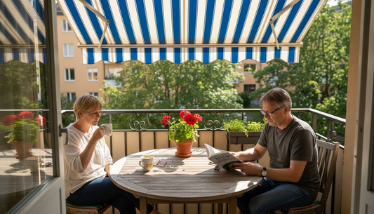 Pariskunta viihtyy parvekkeen markiisin suojassa varjossa.