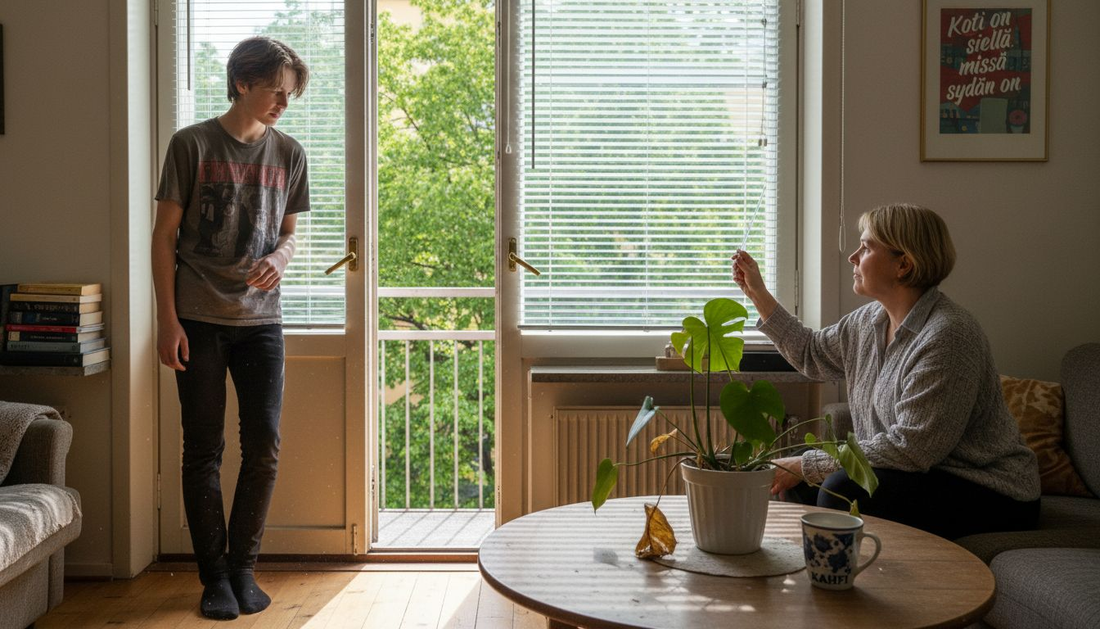 Kaupungin kerrostaloasunnossa perhe säätää olohuoneen sälekaihtimia.