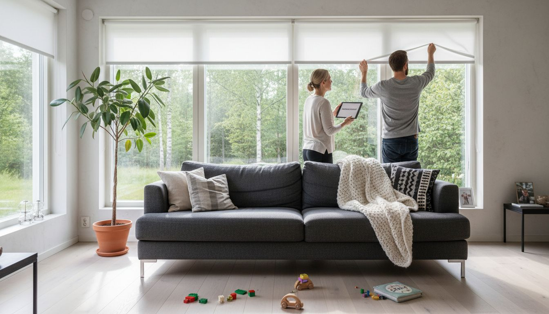 Pariskunta säätää olohuoneen älyverhoja mieluisiksi.