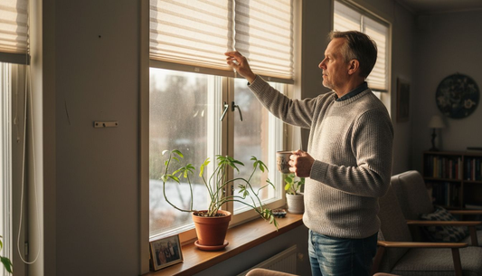 Talonomistaja säätää kaihtimia valoisassa olohuoneessa, jotta auringonvalo ei häikäise.