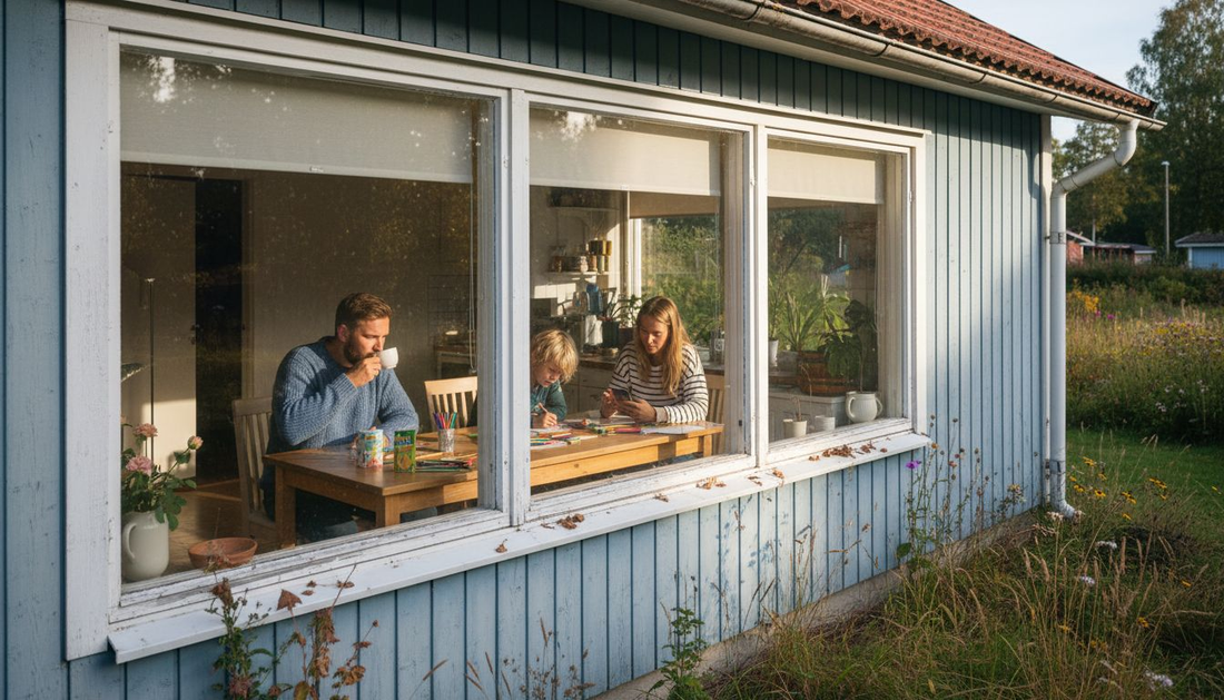 Kesäinen valo tulvii perheen yhteiseen keittiöön, jossa ulkokaihtimet pitävät huolen miellyttävästä viileydestä.