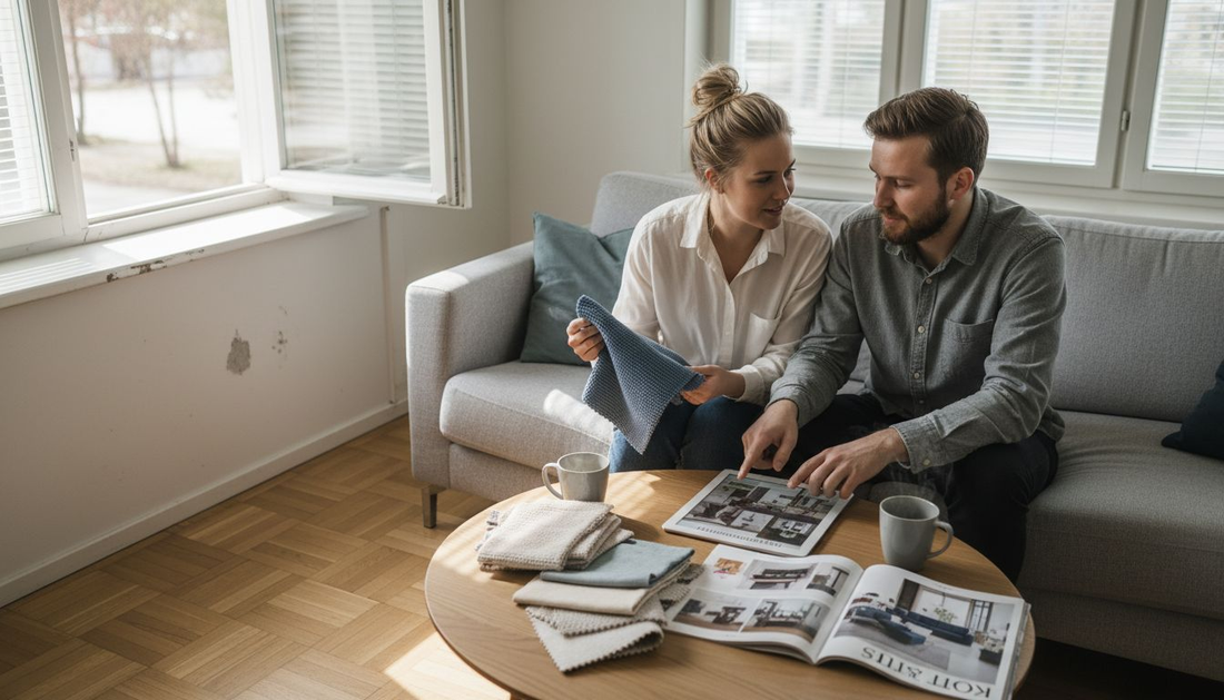 Pariskunta suunnittelee olohuoneeseensa tyylikkäitä sälekaihtimia.