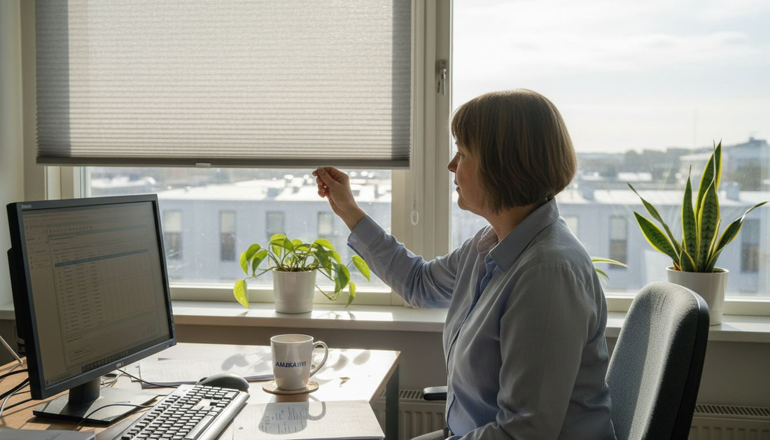 Esimies säätää sälekaihtimia, jotta auringonvalo ei häikäise toimistossa.