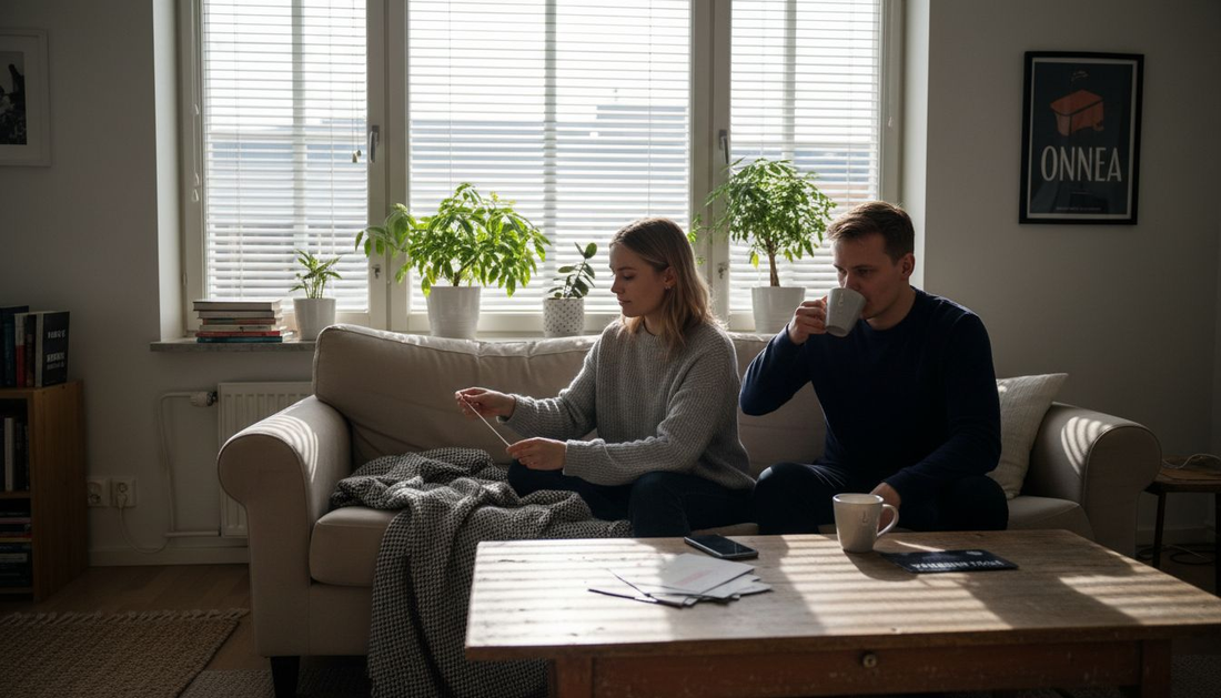 Pariskunta säätää sälekaihtimia valoisassa olohuoneessa