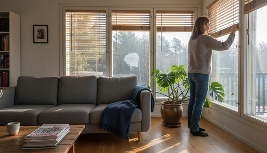 Nainen säätää mittatilaussälekaihtimia valoisassa olohuoneessa.
