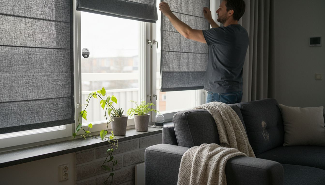 Pariskunta säätää paksuja sälekaihtimia kotonaan
