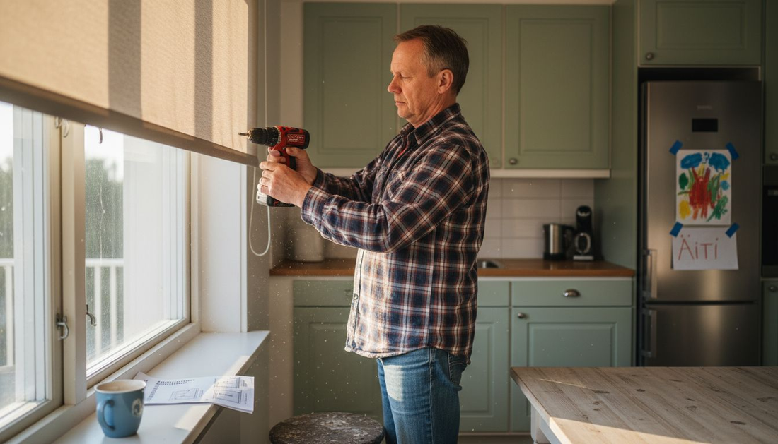 Mies säätää rullaverhoa keittiössä.