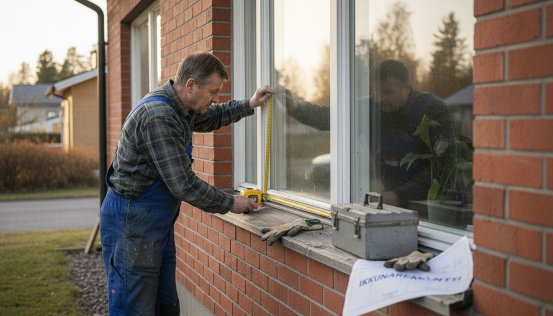 Mies mittaamassa ikkunaa ulkopuolisen sälekaihtimen asennusta varten.