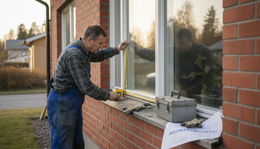 Mies mittaamassa ikkunaa ulkopuolisen sälekaihtimen asennusta varten.
