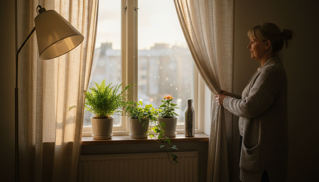 Nainen säätää ympäristöystävällisiä aurinkosuojia paikoilleen.