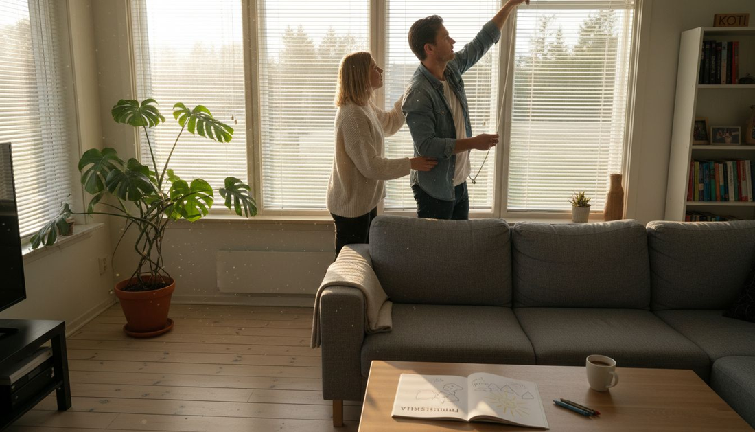 Pariskunta säätää kaihtimia valoisassa olohuoneessa.