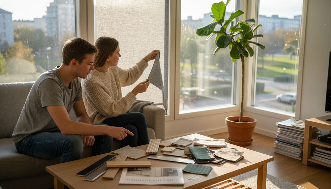 Valoisa olohuone, jossa pariskunta vertailee erilaisia sälekaihdinmateriaaleja ja pohtii, mikä sopisi parhaiten heidän kotiinsa.