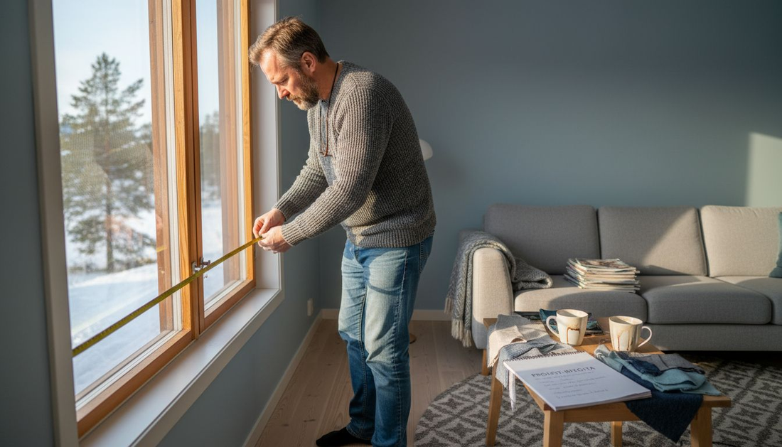Mies mittaamassa ikkunaa verhoja varten kotonaan.