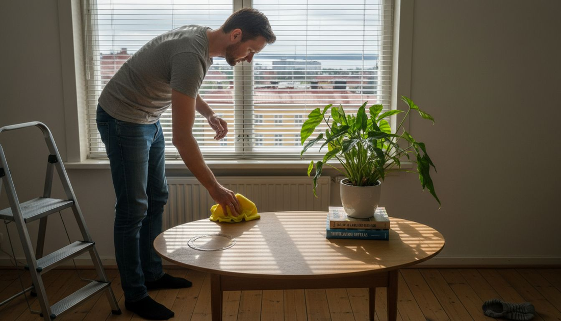 Mies pyyhkii sälekaihtimia valoisassa huoneessa.