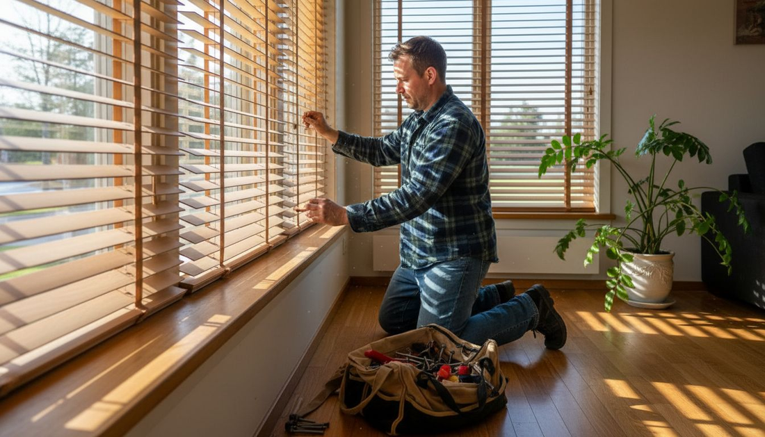 Asentaja tarkistaa olohuoneeseen asennettuja ympäristöystävällisiä sälekaihtimia.