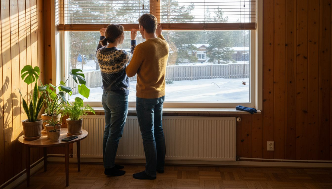 Pariskunta säätää kaihtimia säästääkseen energiaa.