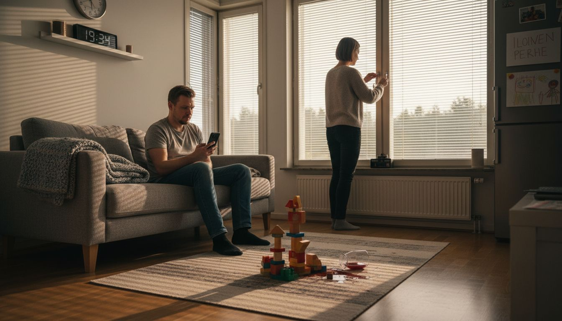 Kuva perheestä säätämässä olohuoneen kaihtimia