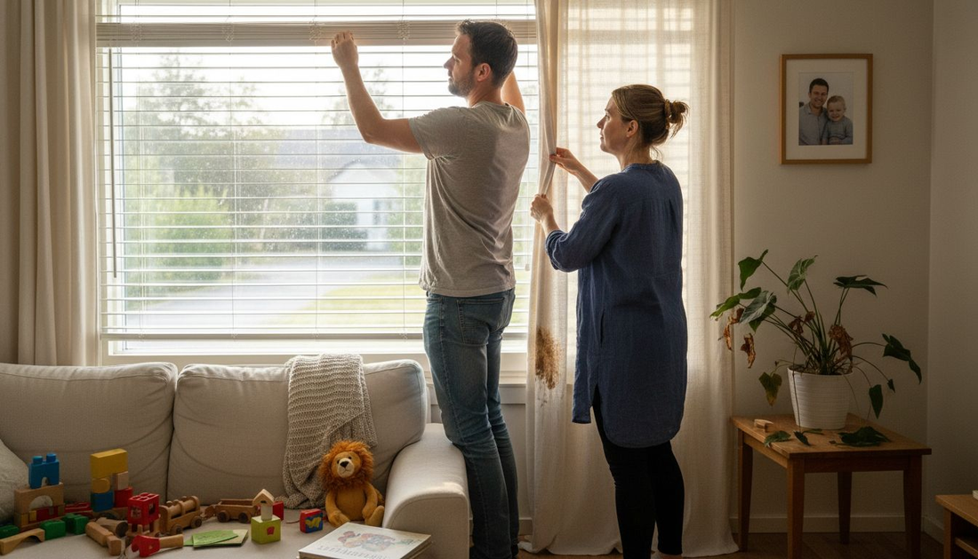 Pariskunta säätää sälekaihtimia valoisassa olohuoneessa