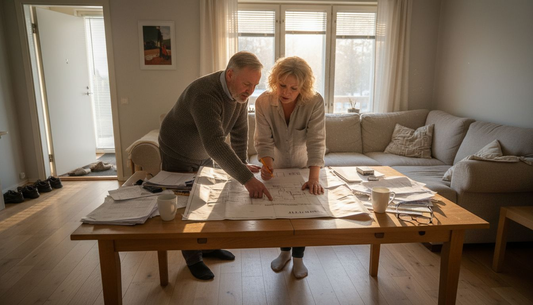 Pariskunta suunnittelee aurinkosuojia olohuoneeseensa