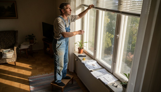 Mies asentamassa sälekaihtimia valoisassa olohuoneessa.