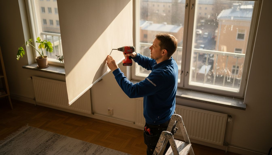 Asentaja asentamassa sälekaihtimia kaupunkikerrostalon asuntoon.