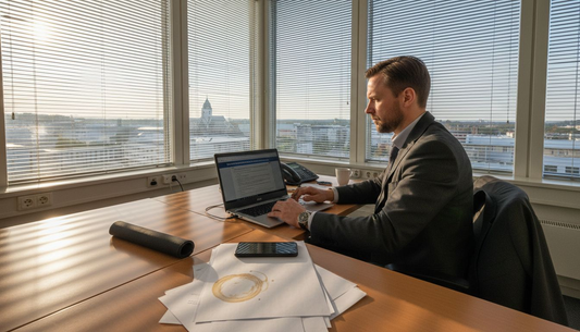 Bisnesmies istuu kulmatoimistossaan sälekaihtimien takana