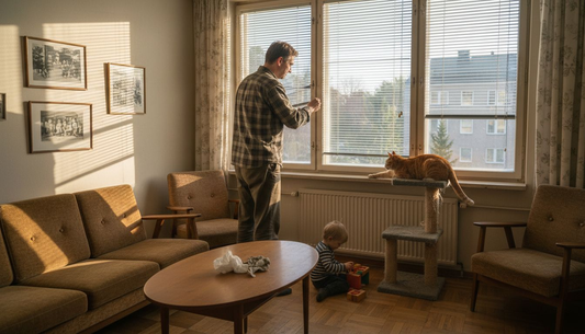 Aamulla perhe vetää olohuoneen verhot sivuun ja päästää valon sisään.