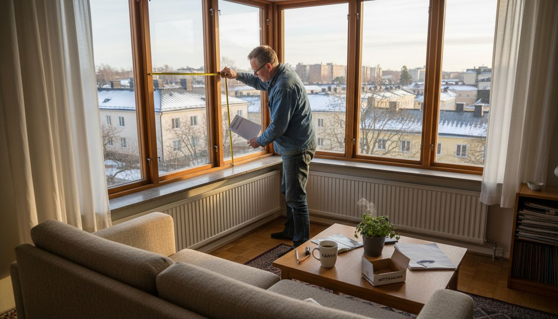 Talonomistaja mittaamassa ikkunaa aurinkosuojan asennusta varten.
